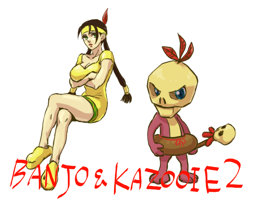 1boy 1girl banjo-kazooie banjo-tooie blue_eyes breasts brown_hair crossed_arms green_eyes humba_wumba_(banjo-kazooie) large_breasts legs looking_at_viewer mumbo_jumbo_(banjo-kazooie) native_american oltumed rareware skull twintails wand