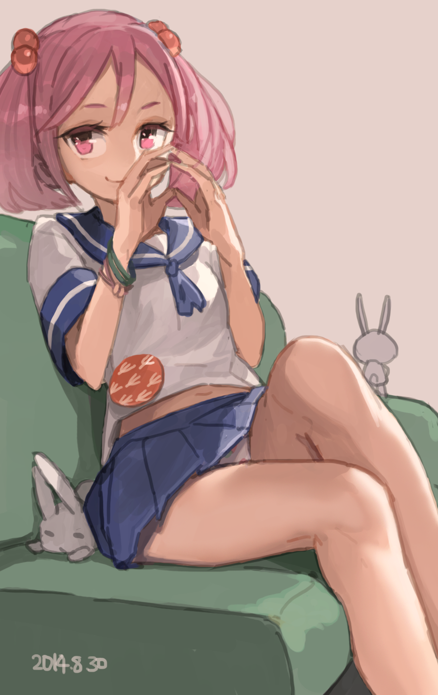 10s 1girl 2014 beige_background bracelet couch dated female_focus food_print fruit_print green_upholstery hair_bobbles hair_ornament highres jewelry kantai_collection looking_at_viewer matching_hair/eyes midriff_peek navel panties pantyshot pink_eyes pink_hair pleated_skirt print_panties rabbit sazanami_(kancolle) school_uniform serafuku short_hair simple_background sitting skirt smile solo steepled_fingers strawberry_panties strawberry_print toro_(konirio) twintails underwear upskirt white_panties
