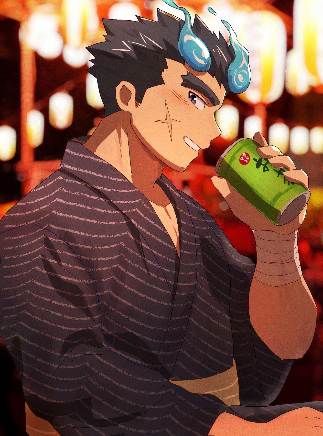 1boy black_kimono blue_fire can cowboy_shot cross_scar facial_scar fiery_horns fire forked_eyebrows from_side grin hair_slicked_back highres holding holding_can horns huge_eyebrows japanese_clothes kimono male_focus profile sakimori_toji scar scar_on_cheek scar_on_face smile solo standing summer_festival suna_sand1 tokyo_houkago_summoners