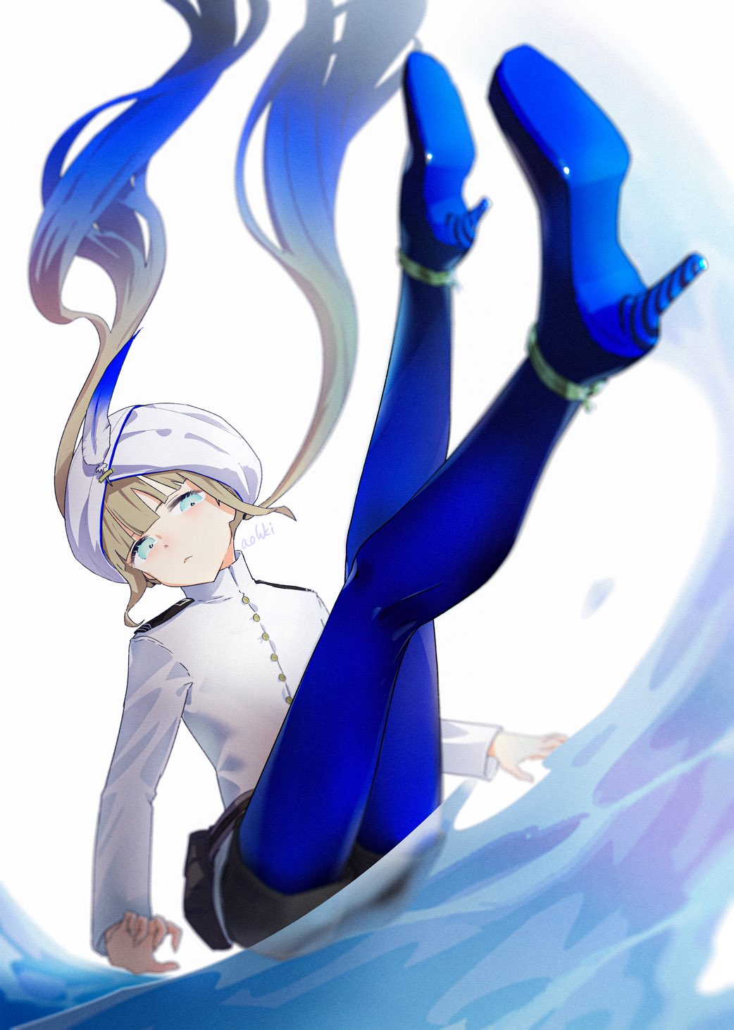 1boy 1girl blonde_hair blue_eyes blue_hair captain_nemo_(fate) captain_nemo_(first_ascension)_(fate) fate/grand_order fate_(series) gradient_hair hat_feather high_heels highres long_hair multicolored_hair nemo_(fate) shorts turban twintails water waterstaring white_background