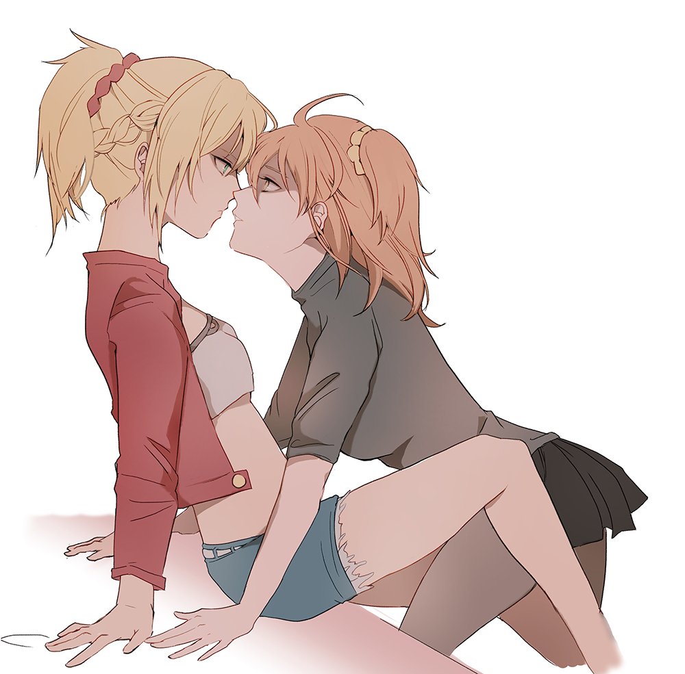 2girls ahoge arm_support bad_id bad_twitter_id bandeau black_legwear black_shirt black_skirt blonde_hair blouse blue_eyes blue_shorts braid breasts brown_eyes brown_hair brown_scrunchie brown_shorts commentary_request cutoffs denim denim_shorts eye_contact face-to-face fate/grand_order fate_(series) female_focus french_braid from_side fujimaru_ritsuka_(female) grey_shirt hair_ornament hair_scrunchie half_updo imminent_kiss jacket korean_commentary leaning_back leaning_forward looking_at_another medium_sleeves miniskirt mordred_(fate) mordred_(fate/apocrypha) mordred_(memories_at_trifas)_(fate) multiple_girls pantyhose pleated_skirt ponytail profile red_jacket scrunchie shaded_face shino_(mufn5785) shirt shorts simple_background sitting skirt small_breasts stomach white_background yellow_scrunchie yuri