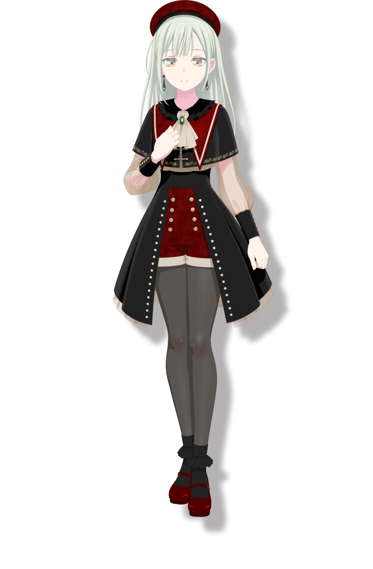 1girl ascot bang_dream! bang_dream!_it&#039;s_mygo!!!!! beret black_capelet black_skirt black_socks capelet closed_mouth clutching_chest earrings full_body green_brooch green_hair grey_pantyhose hat jewelry long_hair long_sleeves looking_at_viewer mary_janes mortis_(bang_dream!) mortis_(costume)_(bang_dream!) no_mask official_art overskirt pantyhose pantyhose_under_shorts pleated_skirt red_hat red_shoes red_shorts see-through_clothes see-through_sleeves shoes shorts shorts_under_skirt simple_background skirt socks solo tachi-e transparent_background wakaba_mutsumi white_ascot yellow_eyes