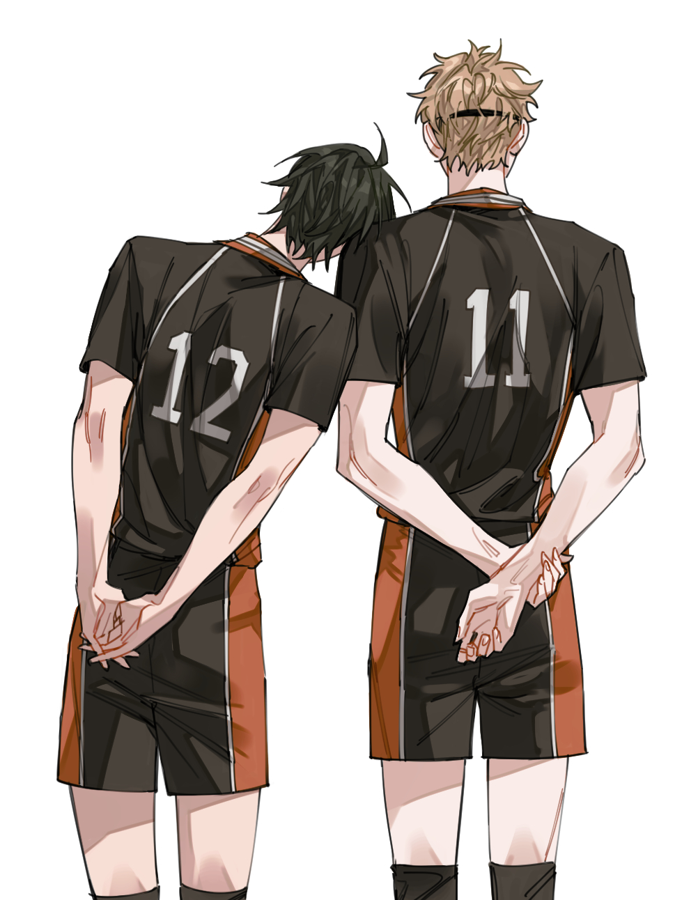 2boys arms_behind_back black_hair blonde_hair commentary_request from_behind haikyuu!! hand_on_own_wrist head_on_another&#039;s_shoulder highres karasuno_volleyball_uniform korean_commentary leaning leaning_on_person like_no2 male_focus multiple_boys own_hands_together shirt short_hair short_sleeves shorts simple_background sportswear standing tsukishima_kei volleyball_uniform white_background yamaguchi_tadashi yaoi