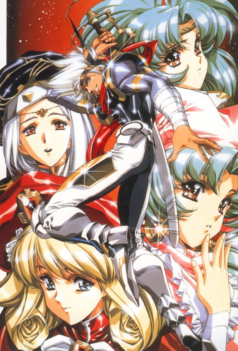 1boy 4girls angelina angelina_(langrisser) blonde_hair blue_eyes blue_hair brown_eyes celena_(langrisser) curly_hair green_hair landius langrisser langrisser_iv multiple_girls rachel_(langrisser) randius_(langrisser) retro_artstyle schelfaniel_(langrisser) selena_(langrisser) shelfaniel smile sword urushihara_satoshi weapon white_hair