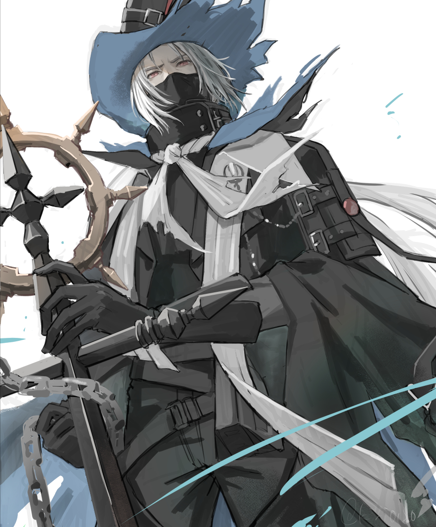 1boy anchor arknights belt black_cape black_gloves black_hat black_pants black_shirt blue_hat cape chain commentary gloves grey_hair hat high_collar looking_at_viewer looking_down male_focus mask mint_(kiri0120) multiple_belts pants red_eyes shirt simple_background solo torn_cape torn_clothes two-tone_hat ulpianus_(arknights) white_background