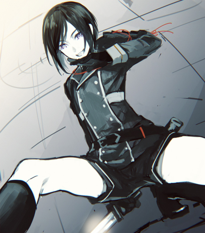 10s 1boy black_gloves black_hair black_socks gloves grin kneehighs male_focus military military_uniform purple_eyes short_sword shorts smile socks solo sword tantou tenkuu_sphere touken_ranbu weapon yagen_toushirou