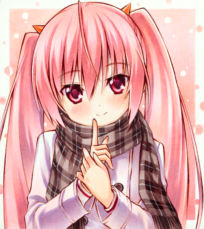 1girl 2022 blush border brown_scarf buttons closed_mouth commentary_request dated_commentary double-breasted eyes_visible_through_hair hair_between_eyes hidan_no_aria index_finger_raised jacket kanzaki_h._aria long_hair long_sleeves looking_at_viewer marker_(medium) outside_border pink_background pink_hair plaid_clothes plaid_scarf red_eyes scarf simple_background smile solo split_mouth traditional_media twintails upper_body very_long_hair white_border white_jacket yuto_takumi