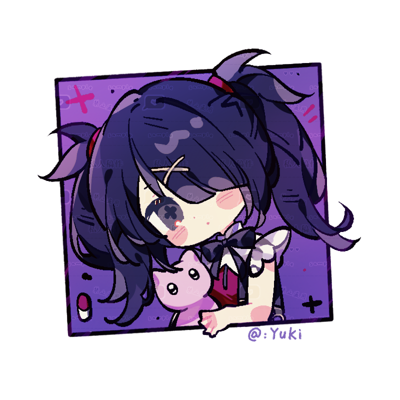 1girl aiji_falao ame-chan_(needy_girl_overdose) artist_name black_eyes black_ribbon blush border cat chibi chinese_commentary closed_mouth collared_shirt commentary_request cropped_torso hair_ornament hair_over_one_eye long_hair looking_at_viewer neck_ribbon needy_girl_overdose pien_cat_(needy_girl_overdose) pill procreate_(medium) purple_hair red_shirt ribbon shirt solo sparkle suspenders twintails upper_body x_hair_ornament