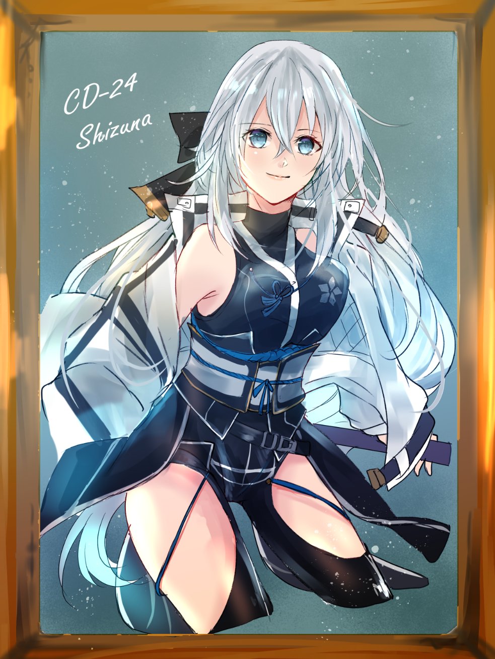 1girl bare_shoulders blue_eyes breasts clothing_cutout countdown cowboy_shot crossed_bangs double-parted_bangs eiyuu_densetsu english_text hair_between_eyes half_updo highres jacket kuro_no_kiseki_(series) kuro_no_kiseki_i large_breasts long_hair looking_at_viewer natsumikan_(hom08e) open_clothes shizuna_rem_misurugi simple_background smile solo thigh_cutout thighhighs white_hair