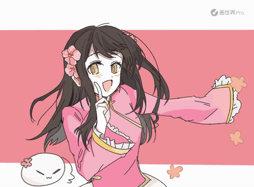 1girl animated animated_gif axis_powers_hetalia blush brown_eyes brown_hair chinese_clothes dancing finger_to_cheek flower hair_flower hair_ornament hoshino_ruby_dance index_finger_raised long_hair long_sleeves looking_at_viewer looping_animation open_mouth outstretched_arm pink_flower smile solo taiwan_(hetalia) upper_body watermark xinjinjumin464663268078