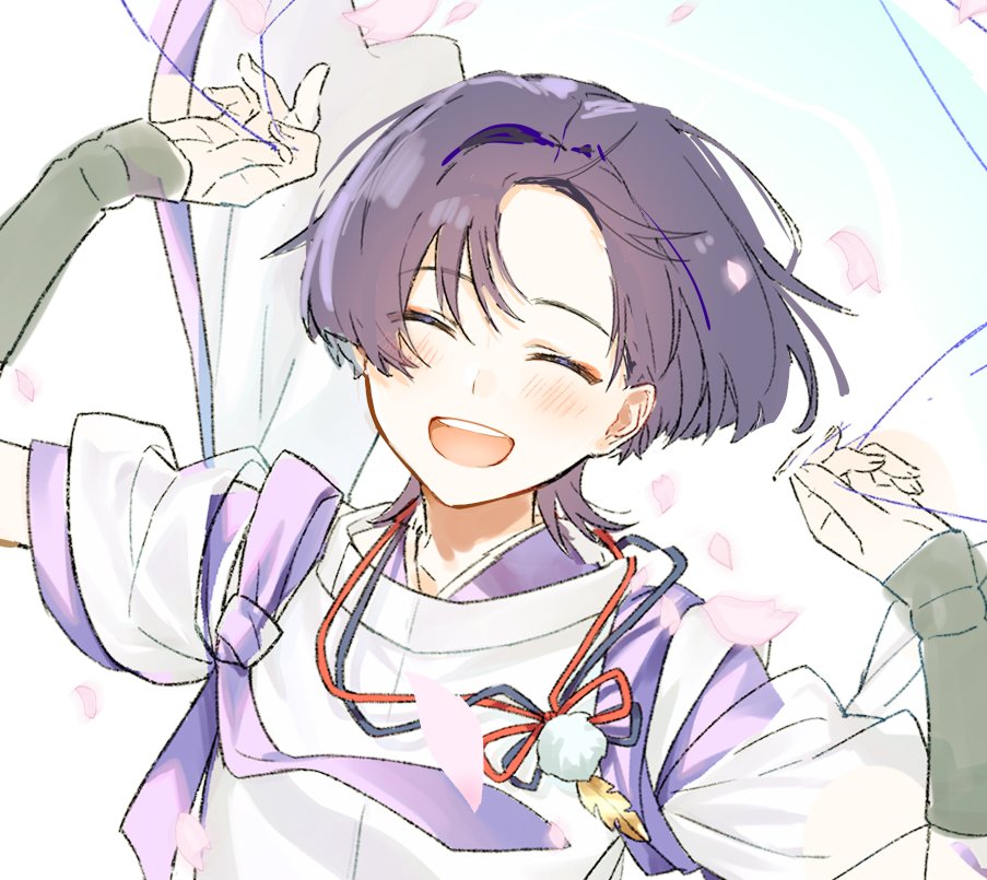 1boy armor blunt_ends blush closed_eyes curled_fingers eyeliner eyeshadow facing_viewer falling_petals feathers fingernails genshin_impact hag_(hag_015) hair_intakes hands_up happy japanese_armor japanese_clothes kariginu kimono kote kurokote layered_kimono layered_sleeves makeup male_focus open_mouth parted_bangs petals pink_petals pom_pom_(clothes) portrait purple_hair purple_kimono purple_sleeves red_eyeliner red_eyeshadow scaramouche_(genshin_impact) scaramouche_(kabukimono)_(genshin_impact) sleeves_rolled_up solo string teeth upper_teeth_only white_sleeves yellow_feathers