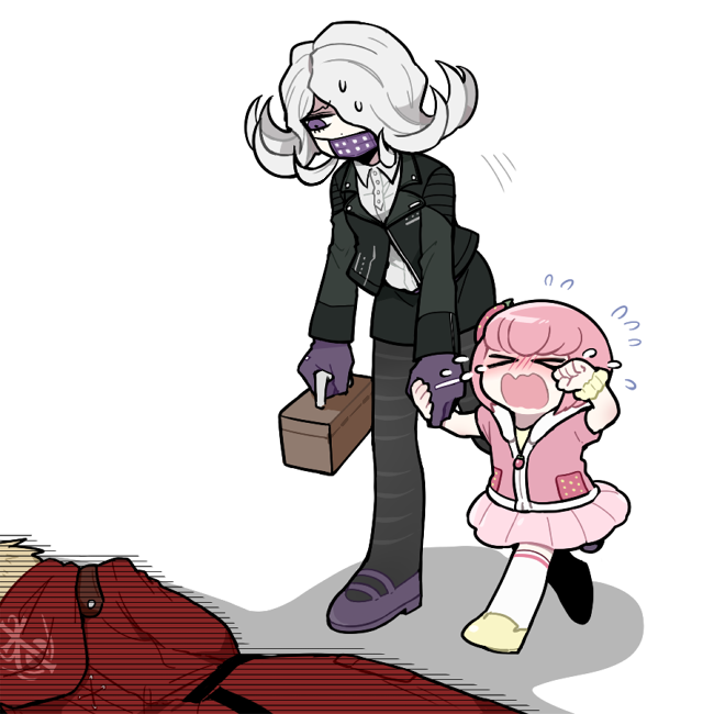 &gt;_&lt; 1boy 2girls aged_down alternate_costume ando_ruruka black_jacket black_pantyhose black_skirt collared_shirt crying danganronpa_(series) danganronpa_3_(anime) dress_shirt facing_up flying_sweatdrops grey_background holding holding_hands izayoi_sounosuke jacket kimura_seiko long_hair lying multiple_girls on_side open_mouth pantyhose pink_hair pink_jacket purple_footwear red_jacket sad scrunchie shaded_face shimada_(dmisx) shirt shoes short_sleeves skirt white_hair white_shirt white_skirt wrist_scrunchie yellow_scrunchie