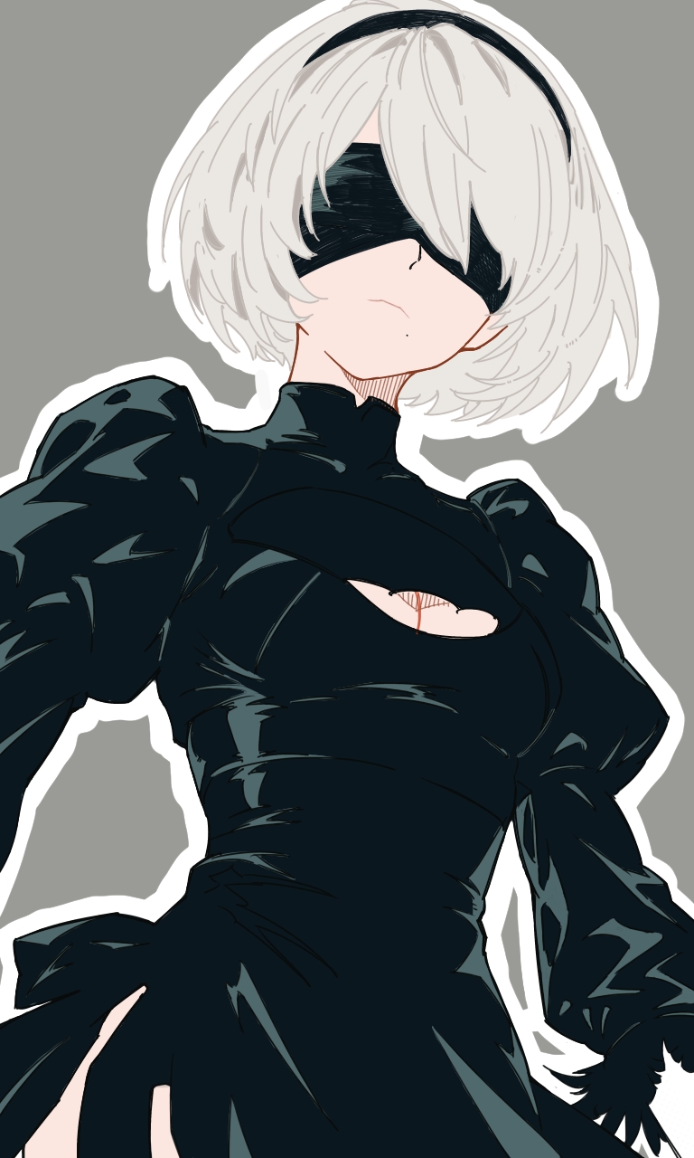 1girl 2b_(nier:automata) bad_link black_dress blindfold breasts cleavage dress grey_background grey_hair highres nier:automata nier_(series) small_breasts solo standing xel4