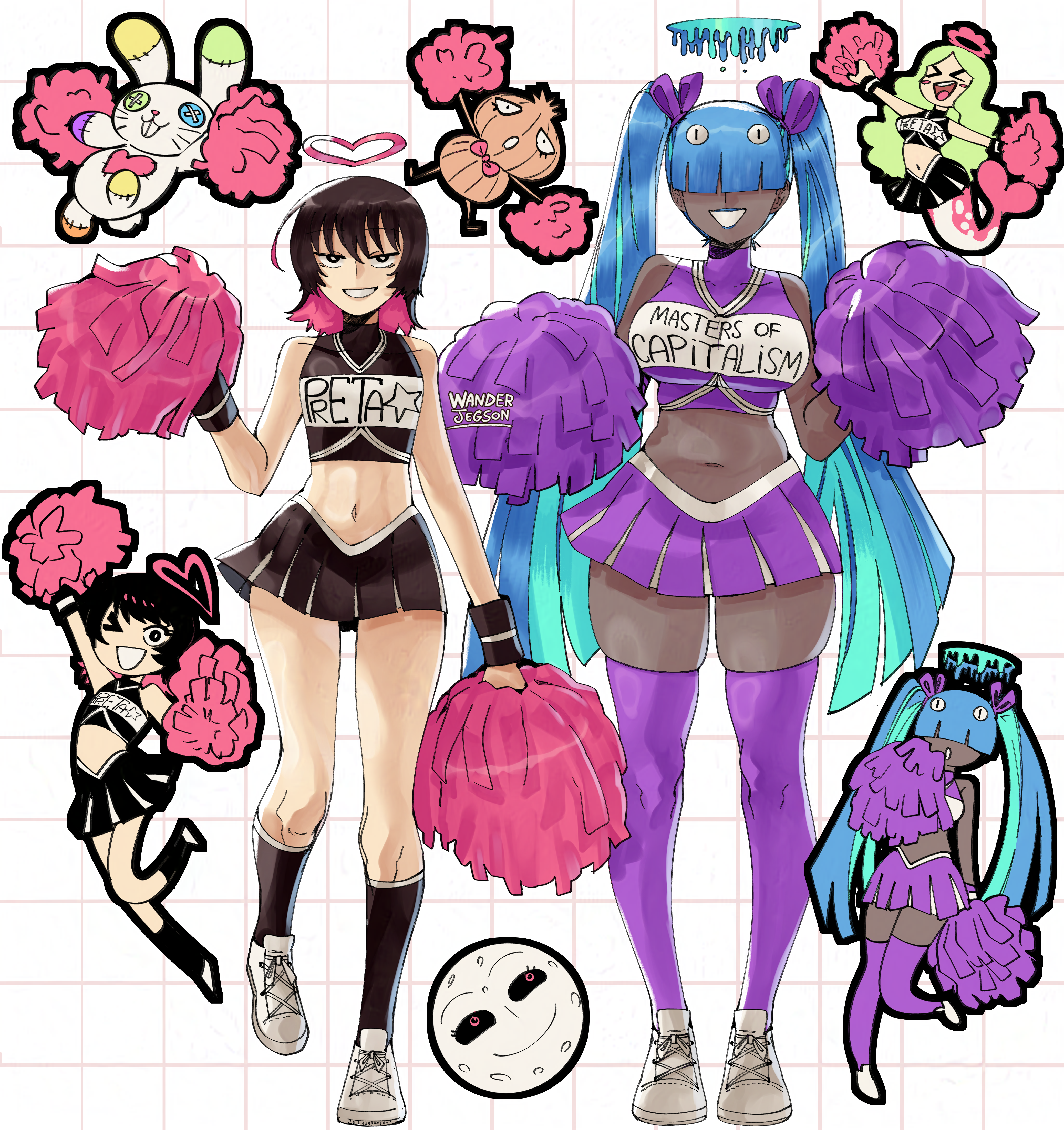 3girls absurdres alternate_costume ana_julia_(wanderjegson) black_hair black_socks blue_hair blue_halo blue_lips blunt_bangs breasts character_name cheering cheerleader chibi chibi_inset colored_inner_hair commentary crop_top cropped_shirt dark-skinned_female dark_skin english_commentary flat_chest full_body full_moon grid grin guilty_heart_of_absolute_evil hair_over_eyes half-closed_eyes halo hands_up heart heart_halo highres holding holding_pom_poms kneehighs large_breasts lipstick liquid_halo long_hair looking_at_viewer makeup melting_halo mermaid midriff miniskirt monster_girl moon moon_with_face multicolored_hair multiple_girls navel one_eye_closed original pink_hair pink_halo pom_pom_(cheerleading) pom_poms preta_(wanderjegson) print_shirt purple_shirt purple_skirt purple_thighhighs shirt shoes short_hair skirt sleeveless sleeveless_shirt smile sneakers socks standing stuffed_animal stuffed_toy thighhighs tiave_(wanderjegson) twintails two-tone_hair very_long_hair wanderjegson white_background white_shoes wristband zettai_ryouiki