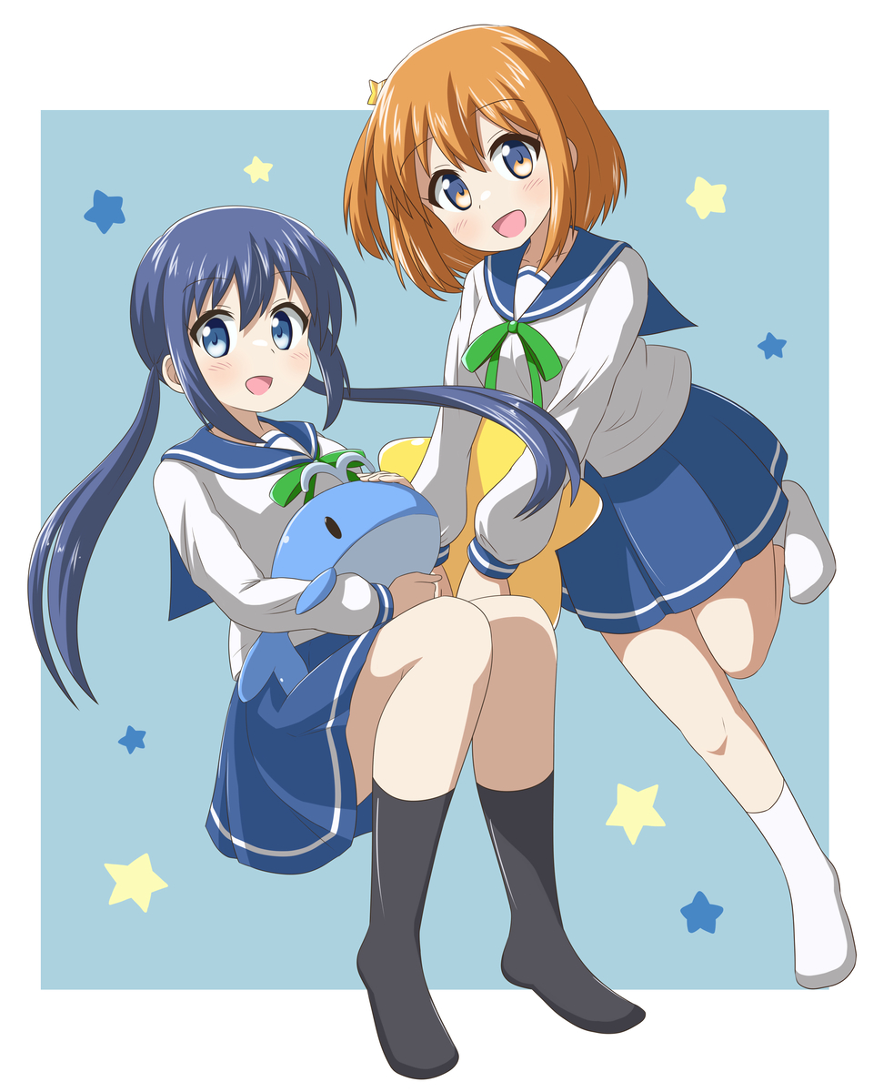 2girls black_socks blue_eyes blue_sailor_collar collarbone female_focus full_body hair_ornament highres holding koisuru_asteroid konohata_mira long_hair looking_at_viewer manaka_ao medium_hair multicolored_eyes multiple_girls nanog_eb1994 no_shoes open_mouth orange_hair sailor_collar school_uniform serafuku sitting socks standing standing_on_one_leg star_(symbol) star_hair_ornament stuffed_animal stuffed_toy whale_plush white_socks