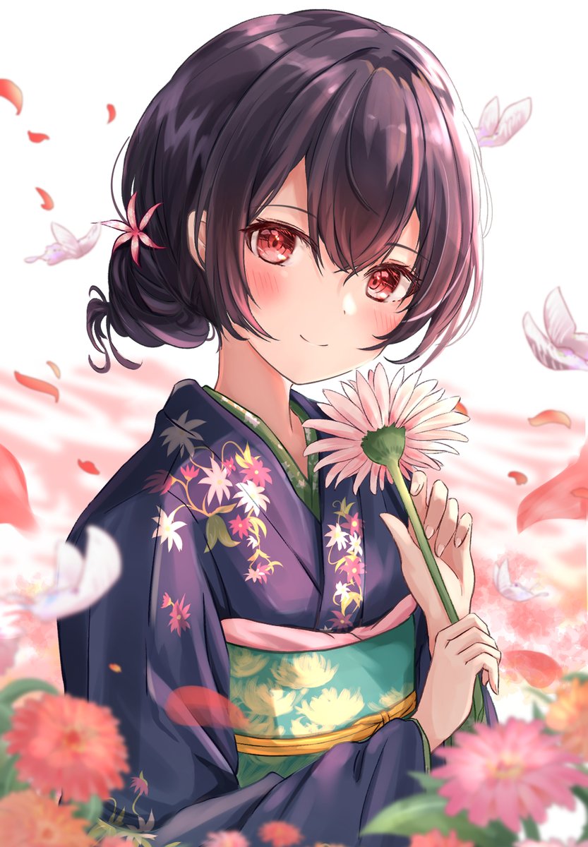 1girl black_hair blue_kimono blurry blush bug butterfly closed_mouth commentary depth_of_field dot_nose falling_petals flat_chest floral_print floral_print_kimono flower green_sash hair_between_eyes hair_bun hair_flower hair_ornament hands_up highres holding holding_flower idolmaster idolmaster_shiny_colors insect japanese_clothes kimono long_sleeves looking_at_viewer morino_rinze obi obiage obijime orange_flower petals pink_background pink_flower print_kimono red_eyes red_flower sash short_hair sky_cappuccino smile solo two-tone_background white_background white_footwear wide_sleeves