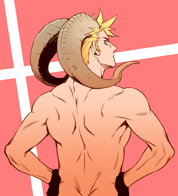 1boy axis_powers_hetalia back bare_shoulders blue_eyes danish_flag denmark_(hetalia) from_behind gloves horns looking_back male_focus muscular rebasashi sheep_horns topless_male short_hair solo