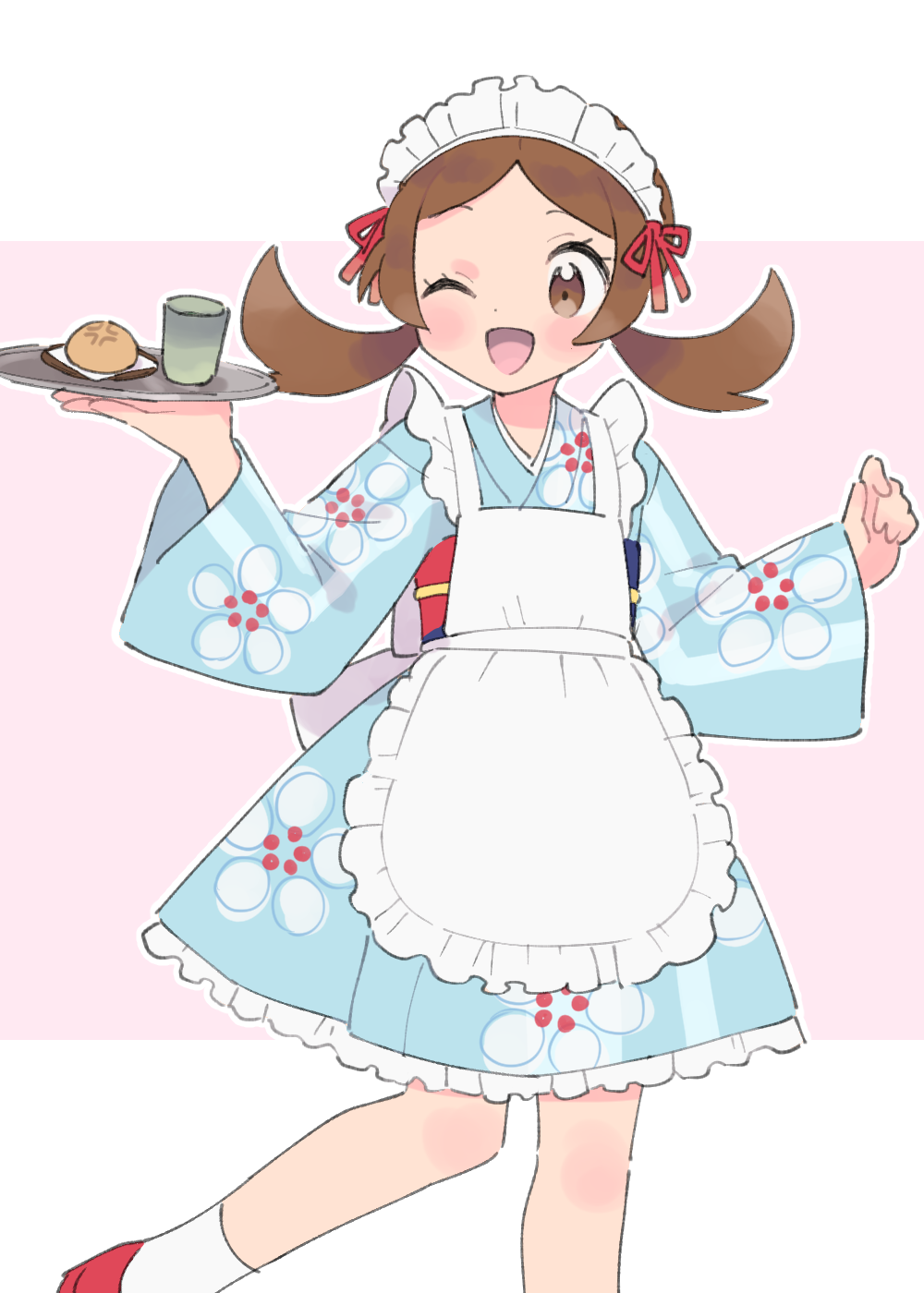 1girl apron blue_kimono brown_eyes brown_hair commentary_request creatures_(company) cup food game_freak highres holding holding_tray japanese_clothes kimono lyra_(pokemon) lyra_(summer_2020)_(pokemon) maid maid_apron maid_headdress nintendo one_eye_closed open_mouth pokemon pokemon_masters_ex pumpkinpan short_kimono smile solo standing standing_on_one_leg tray twintails wa_maid wide_sleeves