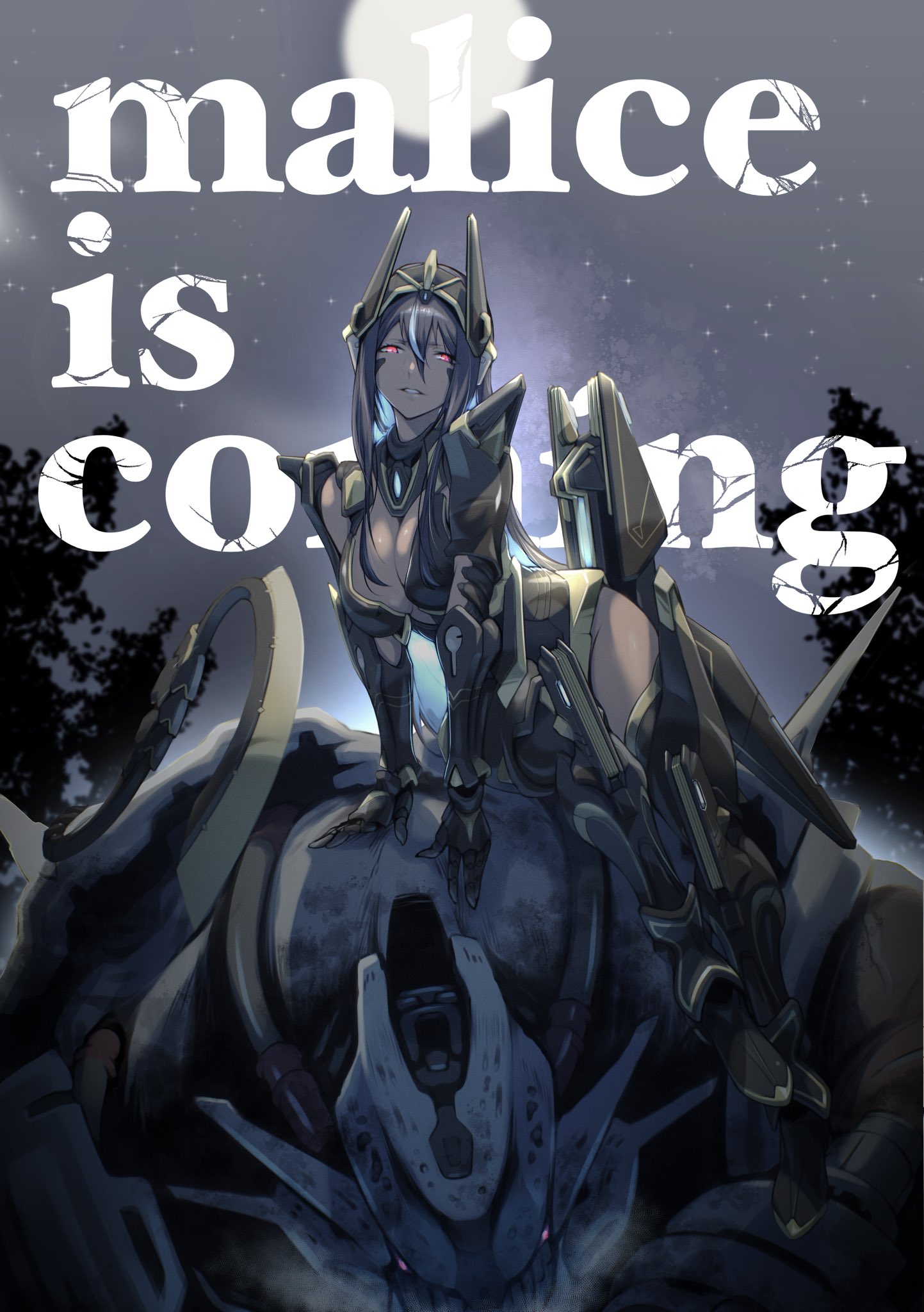 1girl 1other arm_armor armored_gloves armored_leotard black_hair blue_hair breasts chatterbox_(nikke) cleavage colored_inner_hair dark-skinned_female dark_skin fune_(fune83ojj) glowing glowing_eyes glowing_hair goddess_of_victory:_nikke headgear highres indivilia_(nikke) large_breasts leg_armor leotard mechanical_tail moon multicolored_hair night outdoors rapture_(nikke) red_eyes riding robot tail thighs