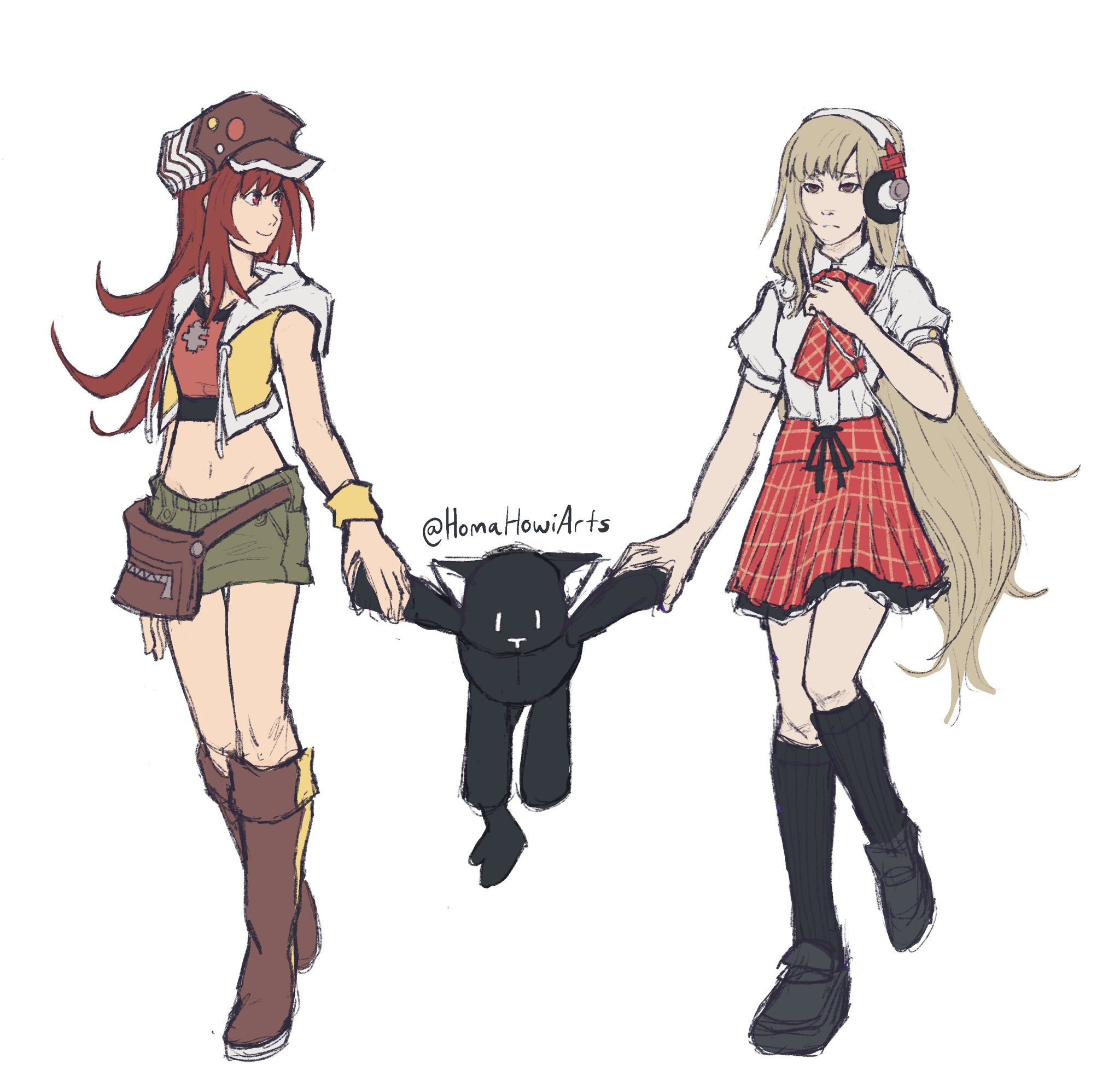 2girls black_footwear black_socks boots brown_eyes newsboy_cap closed_mouth fanny_pack full_body green_skirt grey_hair hat headphones highres hip_bones holding holding_stuffed_toy hood hooded_jacket jacket knee_boots long_hair matching_hair/eyes matsunae_tsugumi midriff miniskirt misaki_shiki multiple_girls navel nyantan red_eyes red_hair red_shirt school_uniform shin_subarashiki_kono_sekai shirt shirt_tucked_in skirt sleeveless sleeveless_jacket smile socks stuffed_animal stuffed_cat stuffed_toy subarashiki_kono_sekai white_shirt wristband yellow_jacket