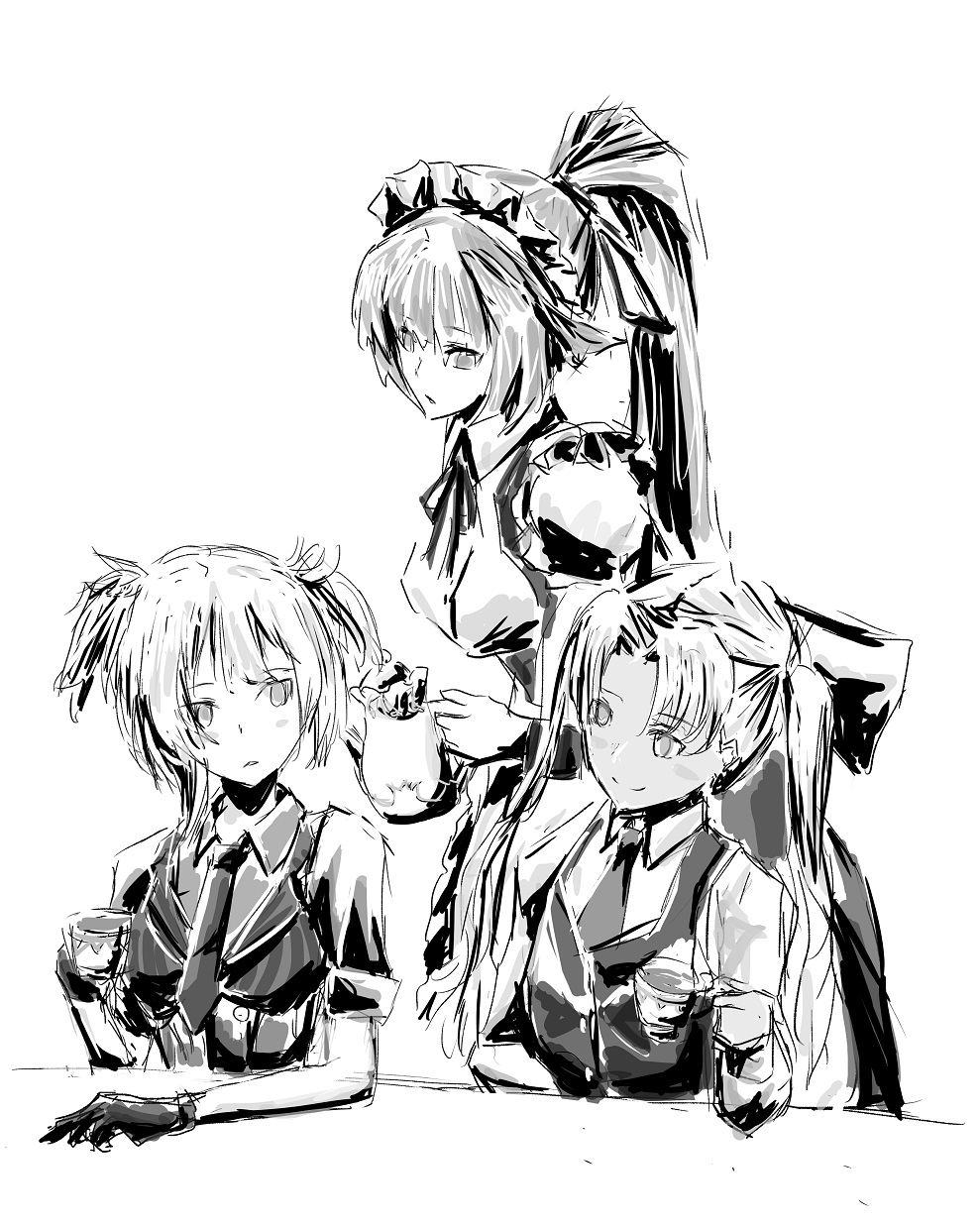 3girls alternate_costume apron bad_tag chika_(keiin) corset crossover cup girls&#039;_frontline greyscale gunslinger_girl highres maid maid_apron maid_headdress monochrome multiple_girls ntw-20_(girls&#039;_frontline) ntw-20_(the_aristocrat_experience)_(girls&#039;_frontline) official_alternate_costume short_twintails tea teacup teapot triela twintails welrod_mkii_(girls&#039;_frontline)