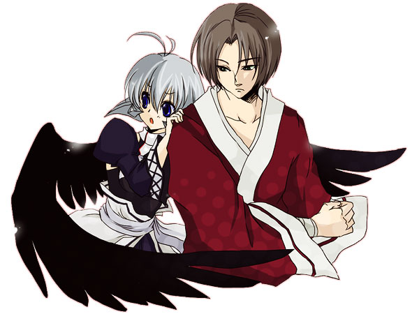 00s 161 1boy 1girl antenna_hair benawi black_wings blue_eyes japanese_clothes camyu protecting silver_hair utawarerumono wings
