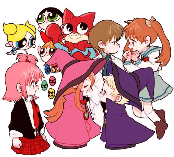 2boys 6+girls arms_at_sides belt black_belt black_footwear black_hair black_jacket blonde_hair blossom_(ppg) blue_eyes blue_skirt blush bow brown_footwear brown_hair bubbles_(ppg) buttercup_(ppg) chocolat_meilleure closed_mouth facing_another green_eyes hat hayama_akito jacket jingle_(dlstmv_787) kodomo_no_omocha kurata_sana looking_at_another mary_janes multiple_boys multiple_girls necktie nyago_(nyani_ga_nyander_nyander_kamen) nyani_ga_nyander_nyander_kamen open_mouth orange_hair pink_hair pink_headwear pink_robe powerpuff_girls purple_headwear purple_robe red_bow red_eyes red_necktie red_skirt robe sailor_collar shirt shoes shugo_chara! skirt smile socks sugar_sugar_rune superhero_costume twintails vanilla_mieux white_hair white_shirt white_socks witch_hat