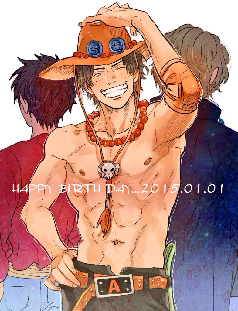 3boys ^_^ abs black_hair blonde_hair brothers closed_eyes coat commentary_request dated elbow_pads freckles hand_on_own_hip happy_birthday hat jewelry male_focus monkey_d._luffy multiple_boys muscular muscular_male necklace nukumise one_piece orange_hat pearl_necklace portgas_d._ace red_shirt sabo_(one_piece) shirt short_hair siblings simple_background single_elbow_pad topless_male white_background