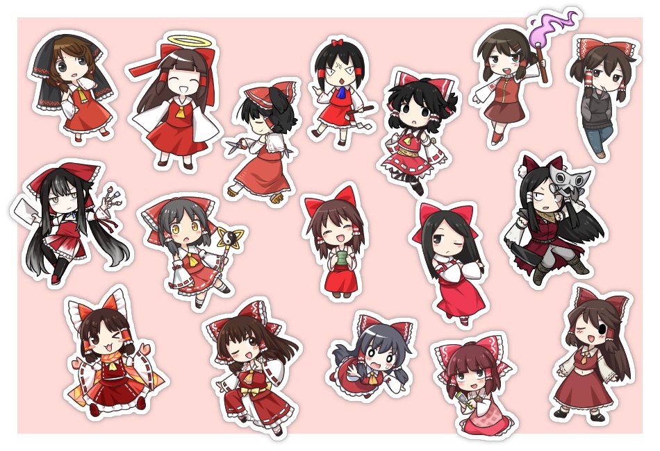 6+girls 833_(cookie) :3 :d anger_vein ascot benikurage_(cookie) between_fingers black_bow black_eyes black_hair black_hoodie black_thighhighs blunt_bangs blush bow brown_hair chibi chibi_only cili_(cookie) cleaver closed_mouth commentary_request cookie_(touhou) cup detached_sleeves dress fang fire frilled_bow frills grater hair_bow hair_tubes hakurei_reimu half-closed_eyes hands_in_pocket haruka_(cookie) high_ponytail holding holding_cleaver holding_cup holding_mask holding_paintbrush holding_paper holding_scissors holding_torch holding_wand hood hoodie kanna_(cookie) long_hair looking_at_viewer maru_(cookie) mask middle_finger mochiya_(cookie) multiple_girls nekocookie114 noel_(cookie) one_eye_closed open_mouth outline paintbrush paper pink_background ponytail purple_fire red_bow red_dress red_shirt red_skirt reu_(cookie) ribbon-trimmed_sleeves ribbon_trim rurima_(cookie) sananana_(cookie) scissors shinonome_(cookie) shiromiya_asuka_(kuromiya) shirt short_hair short_twintails sidelocks skirt skirt_set sleeveless sleeveless_dress sleeveless_shirt smile swept_bangs thighhighs togashi_(cookie) torch touhou twintails very_long_hair wand white_outline white_sleeves wide_sleeves yamasaka_aimi yellow_ascot yellow_eyes yin_yang yuki_haruka yunomi yuyusu_(cookie)