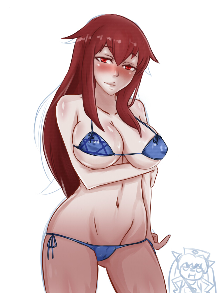 1girl bikini blue_bikini blush breasts chrome_(mon-musu_quest!) cowboy_shot groin large_breasts long_hair mon-musu_quest! pale_skin promestein red_eyes red_hair swimsuit