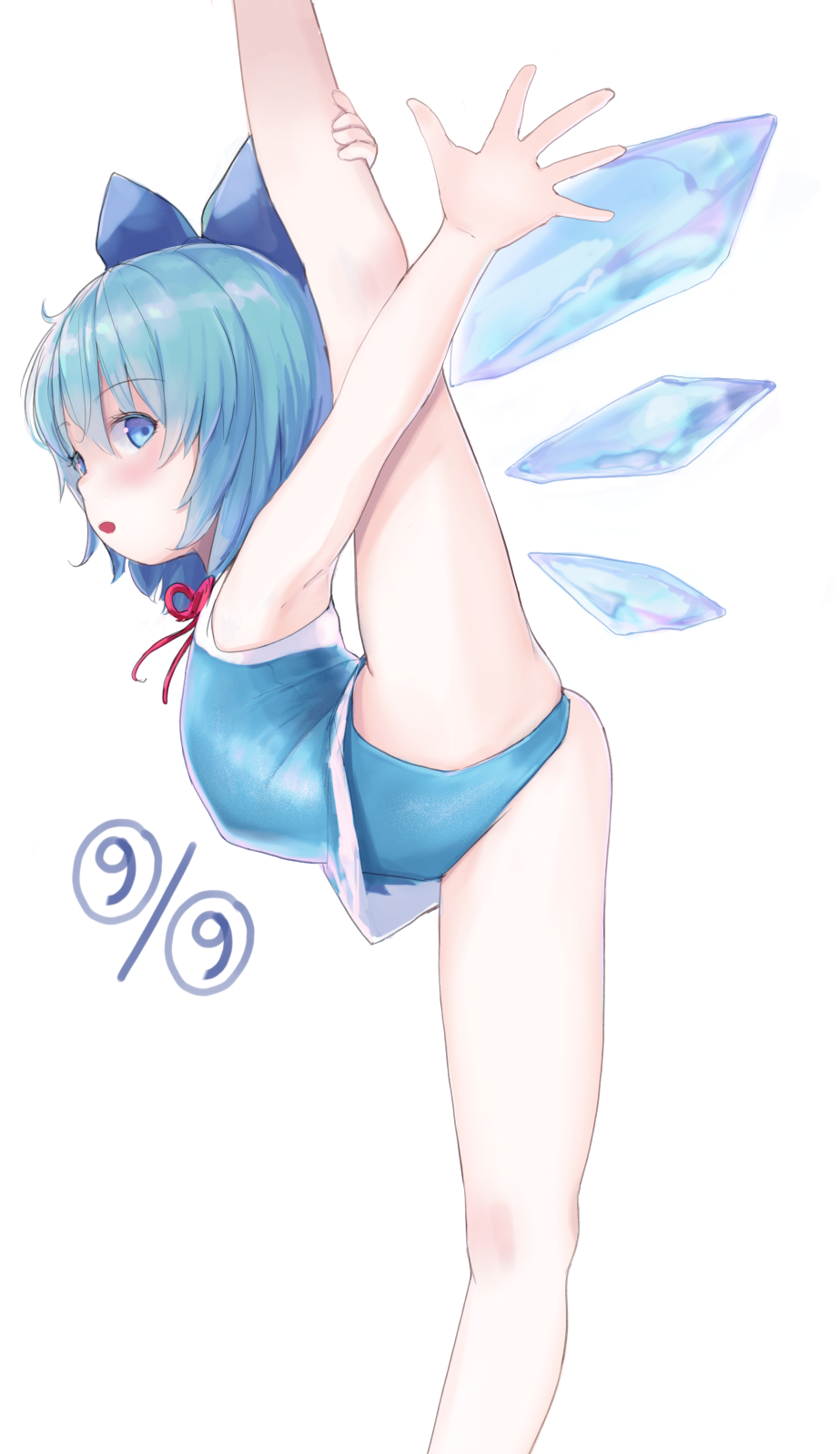 1girl arms_up blue_bow blue_eyes blue_hair blue_leotard bow cirno cirno_day commentary dated english_commentary feet_out_of_frame flexible hair_bow hand_on_own_leg highres ice ice_wings kuroshiro00 leotard open_mouth short_hair simple_background solo split standing standing_on_one_leg standing_split thighs touhou white_background wings