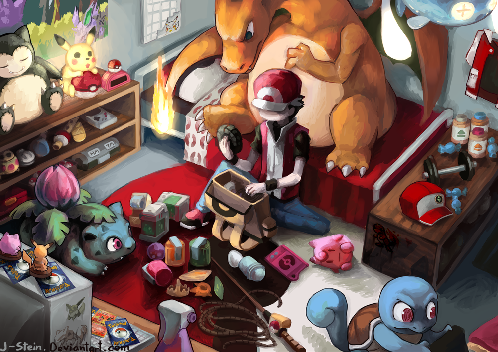 1boy amiibo backpack bag barbell bed brown_hair bulbasaur charizard charmander chinchou clefairy colander commentary eevee elixir english_commentary evolution_stone fire fishing_rod flame-tipped_tail fossil gen_1_pokemon gen_2_pokemon gengar hat holding ivysaur j-stein jacket jigglypuff king&#039;s_rock legendary_pokemon male_focus mewtwo nidorino nintendo pikachu poke_flute pokedex pokemon pokemon_(creature) pokemon_frlg pokemon_rgby pokemon_tcg potion_(pokemon) rare_candy red_(pokemon) red_hat red_jacket snorlax squirtle sun_stone sun_stone_(pokemon) tail tm_(pokemon)
