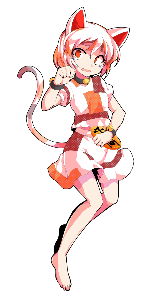 1girl alphes_(style) animal_ears barefoot bell cat_ears cat_girl cat_tail commentary_request dairi full_body goutokuji_mike hair_between_eyes hand_up large_variant_set legs multicolored_skirt neck_bell open_mouth orange_eyes parody shirt short_hair skirt solo standing style_parody t-shirt tachi-e tail tears touhou transparent_background unconnected_marketeers variant_set white_hair