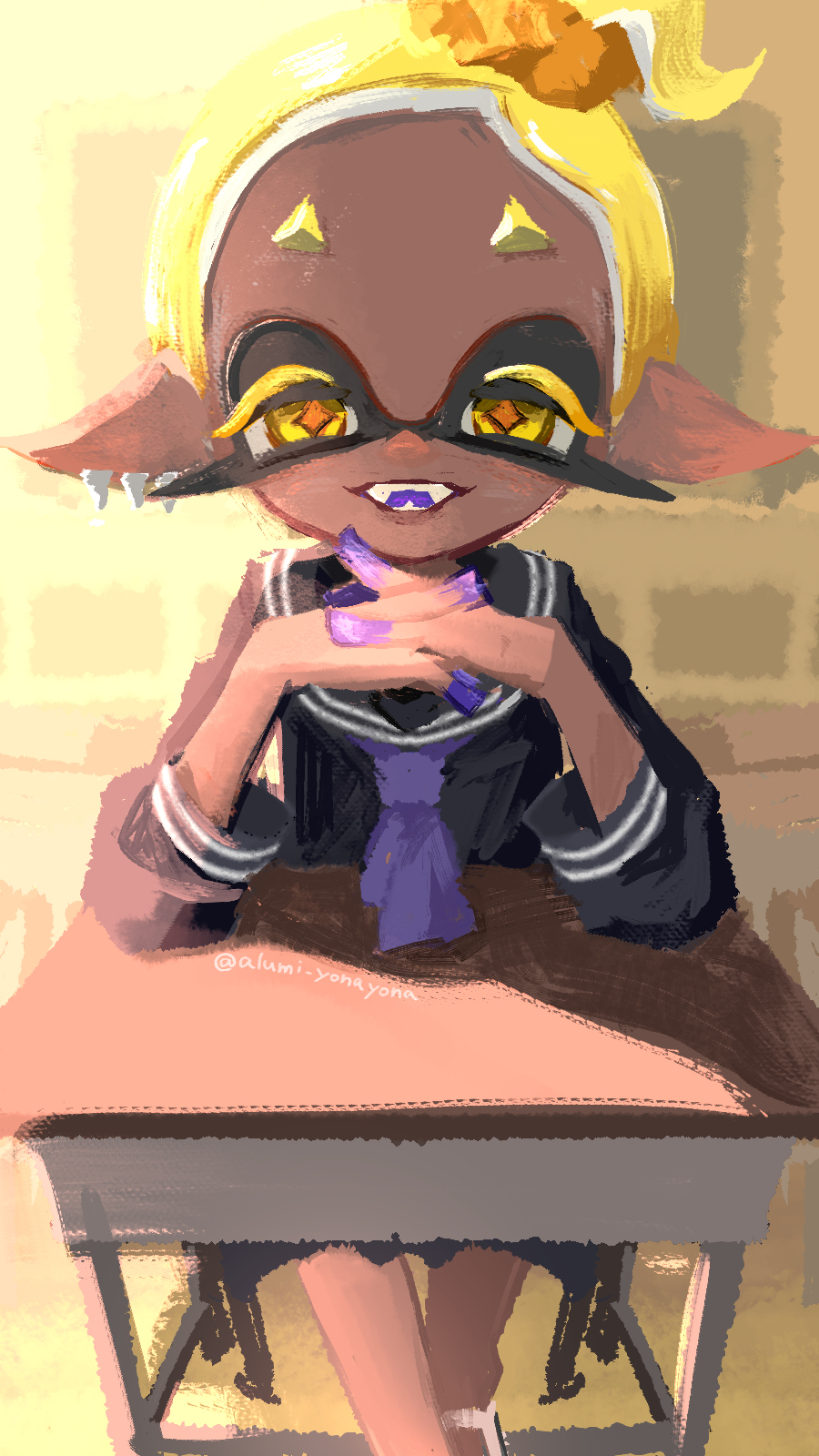 1girl against_desk alternate_costume artist_name black_serafuku blonde_hair classroom close-up colored_extremities colored_mouth colored_tongue crossed_ankles day desk elbow_rest feet_out_of_frame forehead frye_(splatoon) frye_(young)_(splatoon) highres indoors looking_at_viewer nintendo no_lineart on_chair open_mouth orange_pupils own_hands_together purple_tongue raised_eyebrows school_uniform serafuku short_bangs side_part sidelighting sitting solo splatoon_(series) splatoon_3 straight-on sunlight symmetry topknot yonayona_(alumi_yonayona)