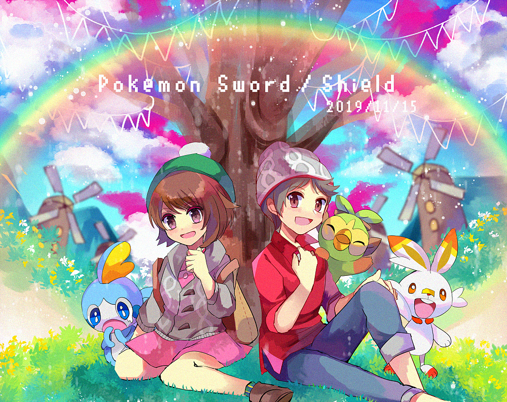 1boy 1girl beanie blue_pants brown_hair cardigan commentary_request copyright_name creatures_(company) dated dress game_freak gen_8_pokemon gloria_(pokemon) green_hat grey_cardigan grookey hat nintendo open_mouth pants pink_dress pink_eyes poke_ball poke_ball_(basic) pokemon pokemon_(creature) pokemon_swsh red_shirt scorbunny shirt short_hair sitting sobble starter_pokemon_trio tree under_tree victor_(pokemon) windmill wurann99