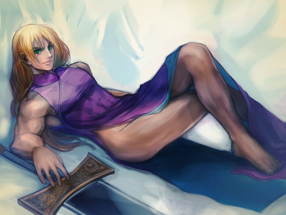 1boy bad_id bad_pixiv_id barefoot blonde_hair china_dress chinese_clothes crossdressing dress feet green_eyes legs crossed_legs long_hair male_focus manly moreshan muscular scar siegfried_schtauffen solo soul_calibur sword toes trap weapon