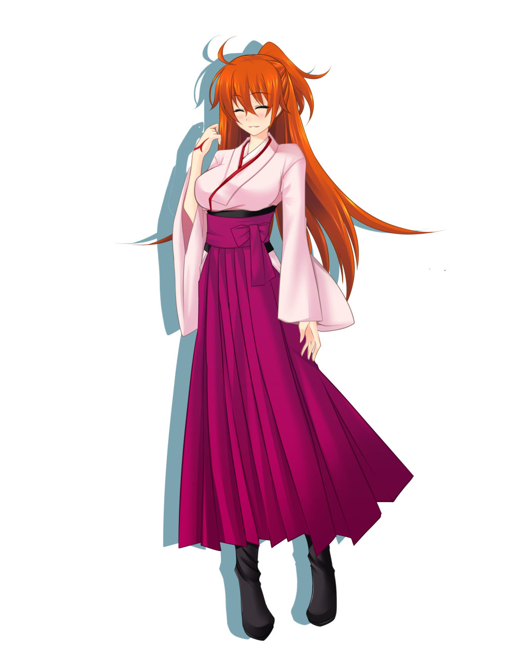 1girl ahoge alternate_hair_length alternate_hairstyle black_footwear blush breasts closed_eyes command_spell cosplay fate/grand_order fate_(series) fog fujimaru_ritsuka_(female) full_body grin hair_between_eyes hakama highres japanese_clothes kimono koha-ace large_breasts long_hair okita_souji_(fate) okita_souji_(koha-ace) okita_souji_(koha-ace)_(cosplay) orange_hair pink_kimono ponytail purple_hakama simple_background smile solo standing tachi-e very_long_hair white_background wide_sleeves yustinos