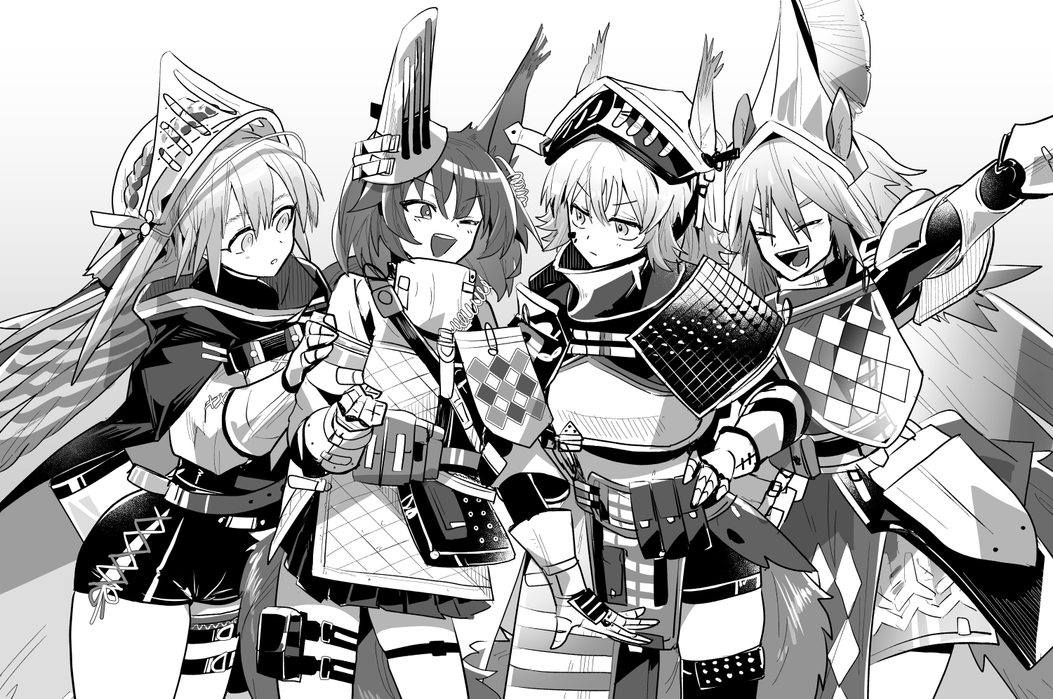 4girls :d :o ;d animal_ears arknights arm_up armor ashlock_(arknights) bird_girl clenched_hand closed_eyes fartooth_(arknights) feather_hair flametail_(arknights) gauntlets greyscale hair_between_eyes hand_on_own_hip hand_up horse_ears horse_girl iwashi_80 long_hair looking_at_another monochrome multiple_girls one_eye_closed open_mouth pleated_skirt shirt shorts shoulder_armor simple_background skirt smile squirrel_ears squirrel_girl squirrel_tail tail teeth upper_teeth_only visor_(armor) white_background wild_mane_(arknights)