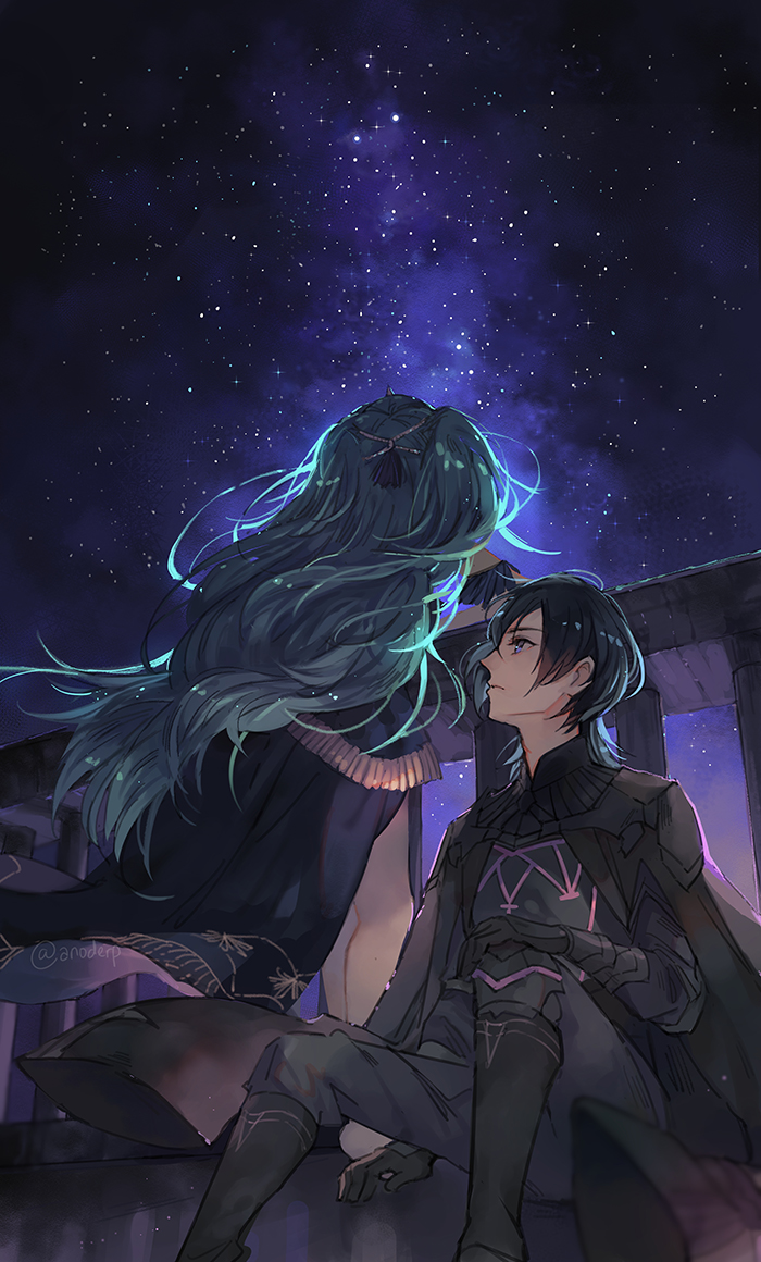 1boy 1girl anocurry armor black_gloves blue_eyes blue_hair male_byleth_(fire_emblem) closed_mouth fire_emblem fire_emblem:_three_houses from_behind gloves green_hair long_hair night night_sky nintendo short_hair sitting sky sothis_(fire_emblem) star_(sky) twitter_username