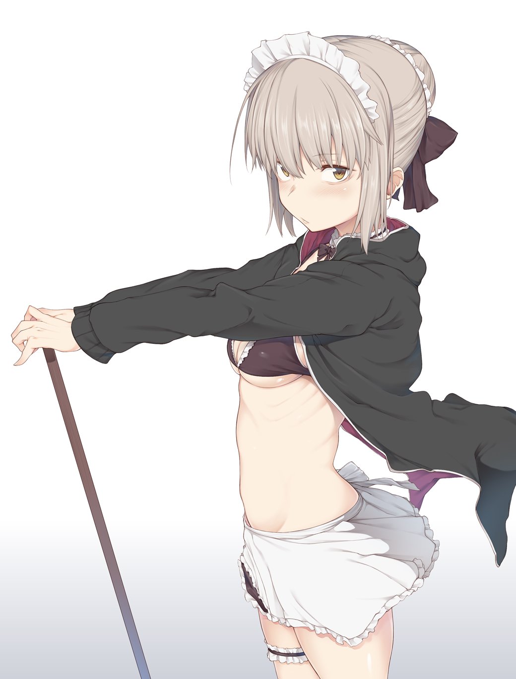 1girl apron saber_alter_(swimsuit_rider) saber_alter_(swimsuit_rider)_(second_ascension) artoria_pendragon_(fate) bikini bikini_under_clothes black_bow black_bowtie black_jacket black_legwear black_skirt blonde_hair bow bowtie braid broom choker fate/grand_order fate_(series) french_braid frilled_apron frilled_choker frilled_skirt frills highres jacket long_sleeves maid maid_bikini mop saber_(fate) saber_alter skirt spirytus_tarou swimsuit unconventional_maid white_apron