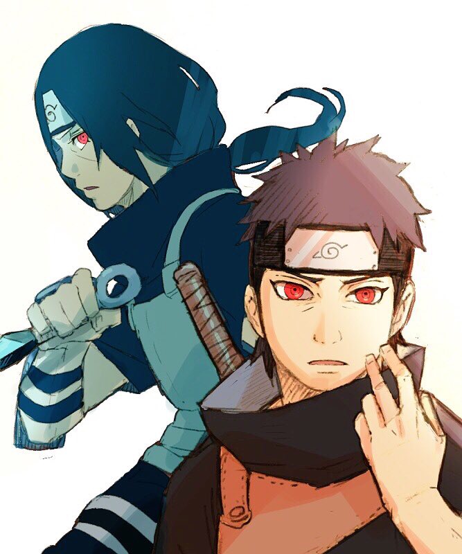 2boys black_hair forehead_protector holding_kunai holding_weapon kunai long_hair looking_at_viewer male_focus meitarou multiple_boys naruto_(series) naruto_shippuuden red_eyes sharingan short_hair uchiha_itachi uchiha_shisui weapon