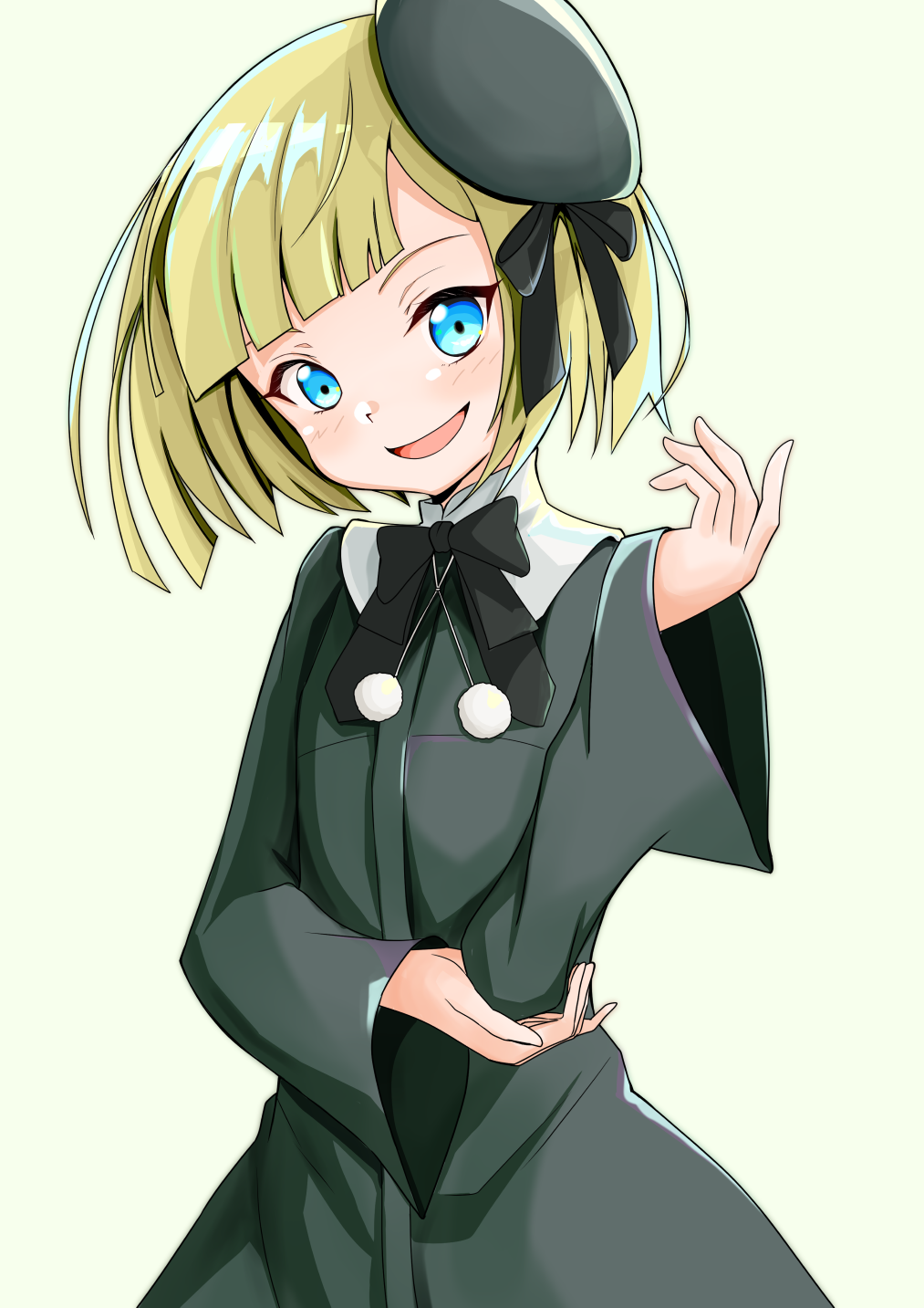 1girl aged_down beret blonde_hair blue_eyes blush bow bowtie breasts dress fate_(series) green_dress green_hat hat highres long_sleeves looking_at_viewer lord_el-melloi_ii_case_files open_mouth reines_el-melloi_archisorte short_hair small_breasts smile solo yuusaku_(nekorakuda)