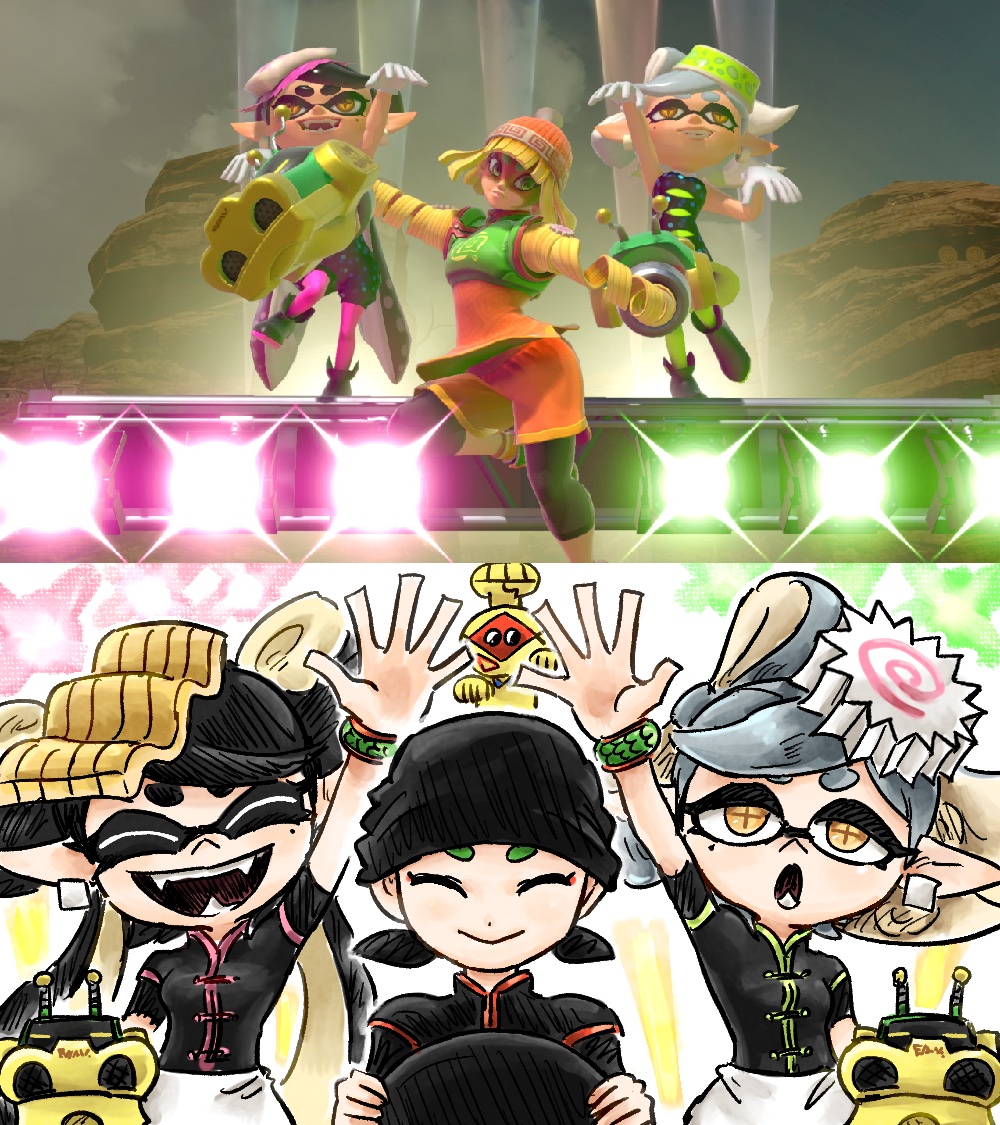 3girls arms_(game) bandana black_hair callie_(splatoon) closed_eyes grey_hair holding holding_tray kicdon min_min_(arms) multiple_girls nintendo reference_inset screenshot_inset short_eyebrows splatoon_(series) splatoon_1 super_smash_bros. tentacle_hair thick_eyebrows tray yellow_eyes