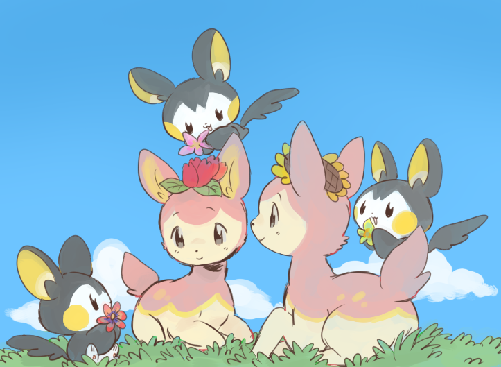 artist_request bad_link black_eyes brown_eyes cloud day deerling deerling_(spring) emolga flower gen_5_pokemon grass lying nintendo open_mouth pokemon pokemon_(creature) smile