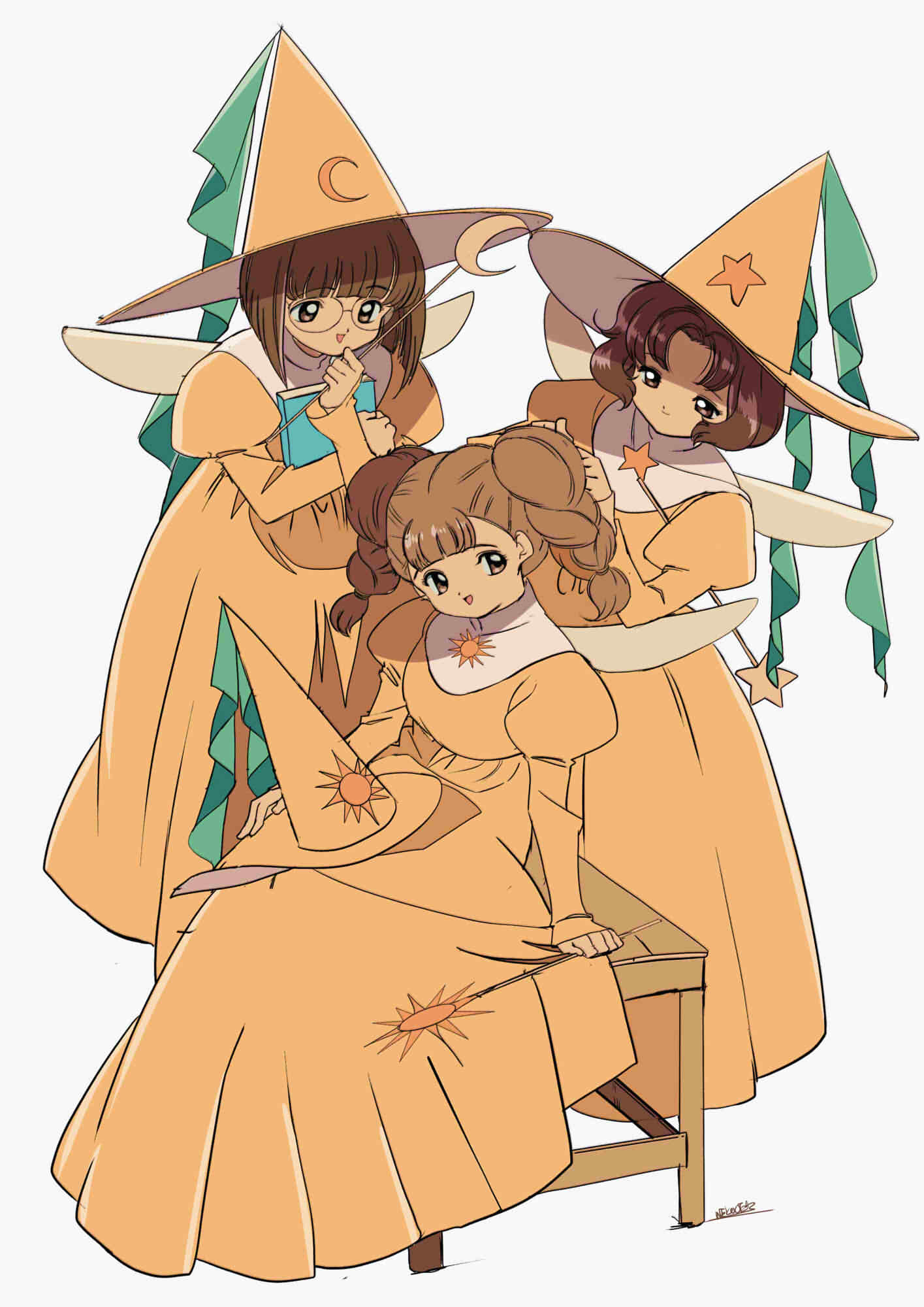 3girls book braid brown_hair cardcaptor_sakura child closed_mouth cointoise crescent dress edoya_inuhachi glasses guimpe hat highres holding holding_wand juliet_sleeves long_dress long_sleeves mihara_chiharu multiple_girls open_mouth puffy_sleeves sasaki_rika signature simple_background sitting star_(symbol) sun_symbol twin_braids wand white_background wizard_hat yanagisawa_naoko yellow_dress yellow_headwear