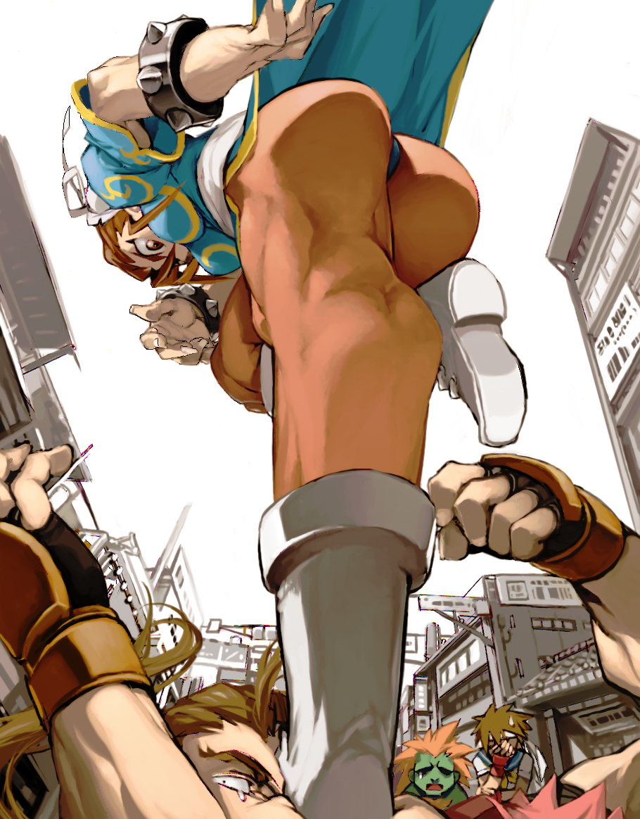 2boys 2girls ass blanka boots bracelet brown_eyes brown_hair bun_cover capcom china_dress chinese_clothes chun-li dress facepalm fighting hibiki_dan in_the_face jewelry kasugano_sakura kicking looking_down multiple_boys multiple_girls pantyhose pelvic_curtain spiked_bracelet spikes street_fighter street_fighter_alpha sweatdrop tears thighs ysk!