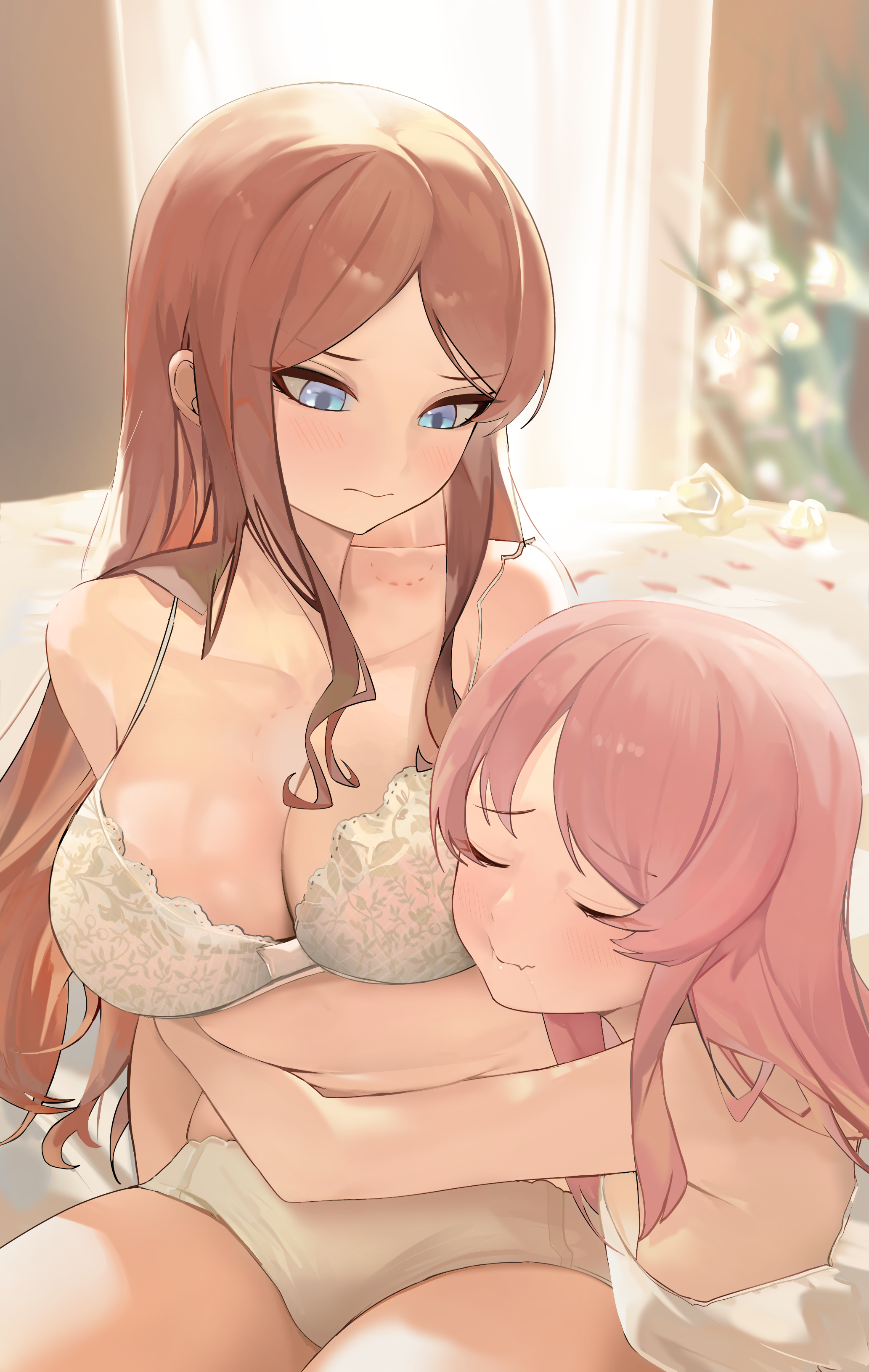 2girls absurdres arms_at_sides bang_dream! bang_dream!_it's_mygo!!!!! bare_arms bare_shoulders bed bite_mark bite_mark_on_breast bite_mark_on_shoulder blurry blurry_background blush bra breasts brown_hair camisole cheek-to-breast chihaya_anon choe69696969 cleavage closed_eyes closed_mouth collarbone cowboy_shot day fang floral_print flower highres hug indoors large_breasts long_hair looking_at_another looking_down medium_breasts multiple_girls nagasaki_soyo on_bed panties parted_bangs pink_hair print_bra raised_eyebrows sideboob sidelocks sitting skin_fang smile strap_slip underwear underwear_only waist_hug white_bra white_camisole white_flower white_panties yuri