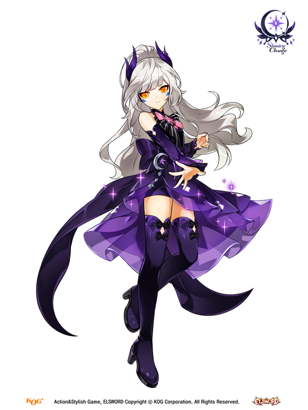 1girl back_bow bare_shoulders black_bow black_dress black_shorts black_sleeves blunt_bangs boots bow bowtie closed_mouth collared_dress company_name copyright_name copyright_notice detached_sleeves dot_nose dress elsword eve_(elsword) feather_hair_ornament feathers floating_hair footwear_bow frilled_dress frilled_sleeves frills full_body game_cg gradient_boots gradient_clothes gradient_dress gradient_sleeves grey_hair hair_ornament high_collar high_heel_boots high_heels hwansang logo long_hair long_sleeves magical_girl marking_on_cheek official_alternate_costume official_art orange_eyes outstretched_hand pink_bow pink_bowtie ponytail purple_dress purple_sleeves second-party_source shorts shorts_under_dress sleeveless sleeveless_dress smile solo sparkle standing tachi-e thigh_boots transparent_background tsurime very_long_hair wavy_hair