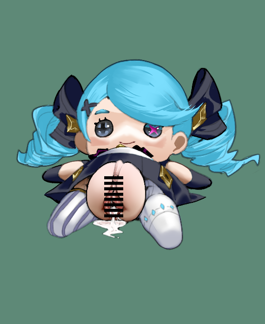 1girl bar_censor censored cum cum_in_pussy doll green_background gwen_(league_of_legends) hua_zhong_yu league_of_legends long_hair pussy sex_doll simple_background solo twintails
