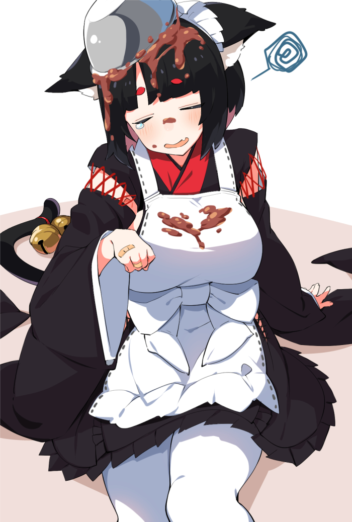 1girl alternate_costume animal_ear_fluff animal_ears apron azur_lane bandaid bandaid_on_hand bell blush cat_ears cat_girl cat_tail chocolate_making chocolate_on_clothes closed_eyes clumsy enmaided food_on_clothes hand_up hikimayu long_sleeves maid maid_headdress official_alternate_costume pantyhose short_hair simple_background solo tail tail_bell tail_ornament tearing_up valentine wa_maid white_apron white_pantyhose wide_sleeves yamashiro_(azur_lane) yamashiro_(sales_clerk_offensive?!)_(azur_lane) youhei_64d